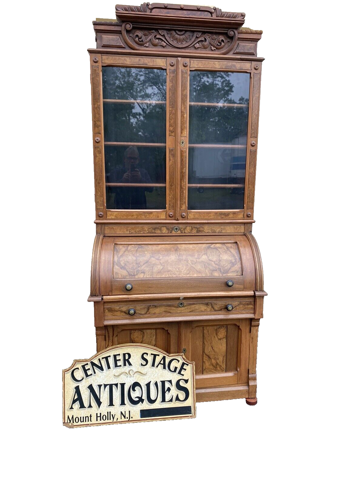 65390 Antique Victorian Burled Walnut Cylinder Desk w/ Bookcase Top and keys