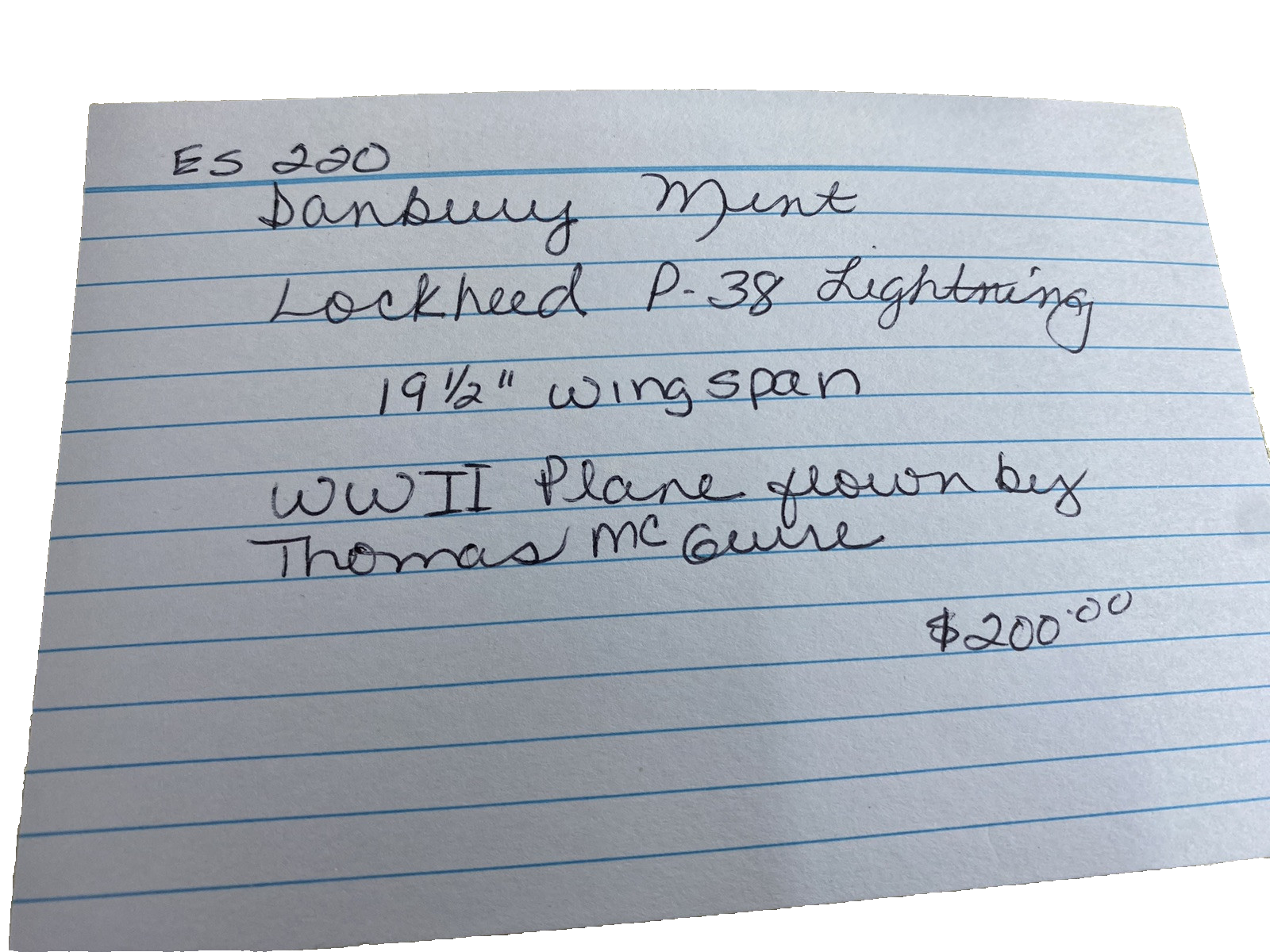 ES   220:          DANBURY MINT    LOCKHEED P-38 LIGHTNING  AIRPLANE Plane