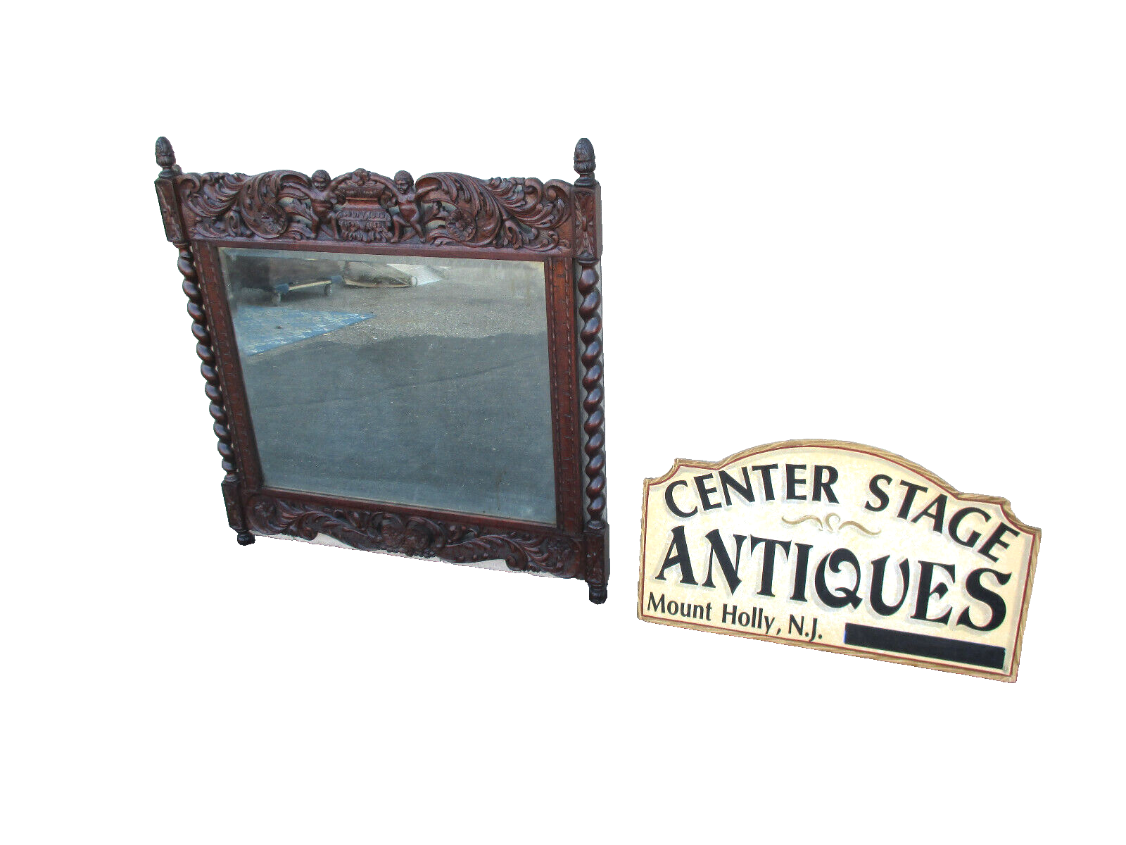 64039   Antique Oak Hand Made Mirror with Cherub Carvings