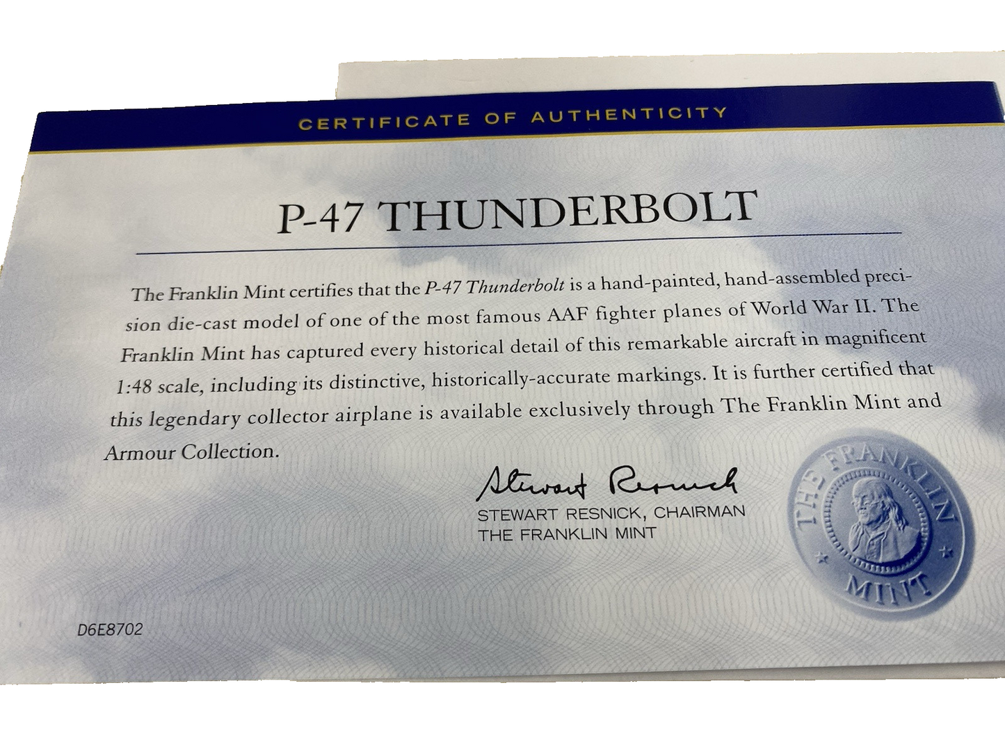 ES 204 P 47 Thunderbolt WW11  Franklin Mint  Airplane Plane B11B295148