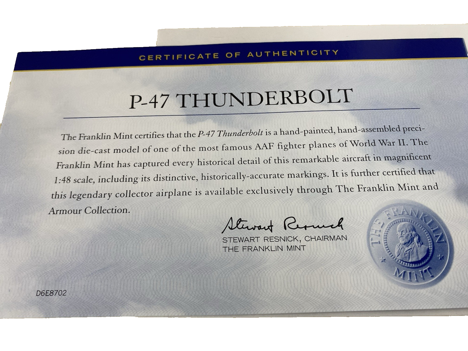 ES 204 P 47 Thunderbolt WW11  Franklin Mint  Airplane Plane B11B295148