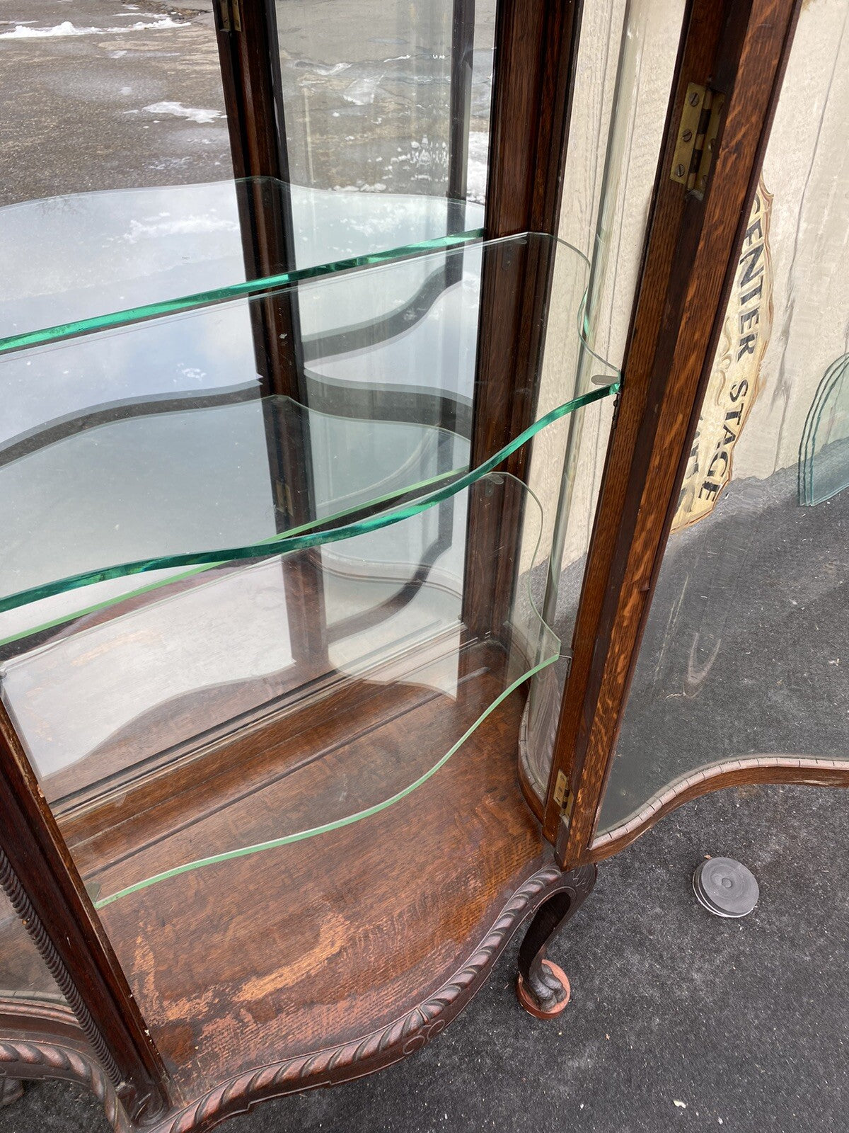 66107   Antique Victorian Oak Serpentine Curio China Cabinet