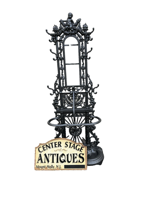 65703  Antique Victorian Cast Iron Hat Rack Halltree with Mirror Cherub and lion