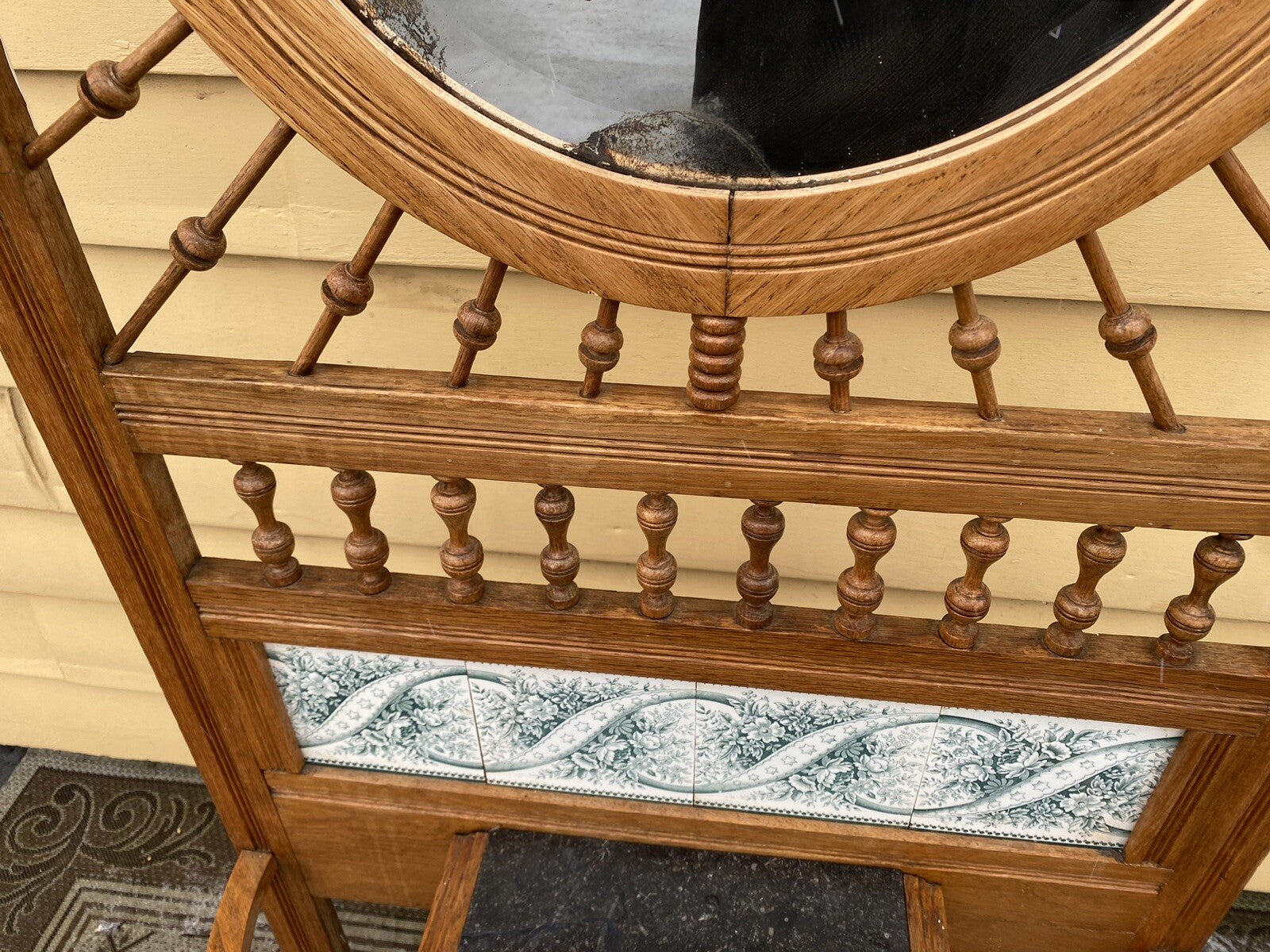 64527 Antique Victorian Oak Stick and Ball Hatrack Hall Seat with Mirror