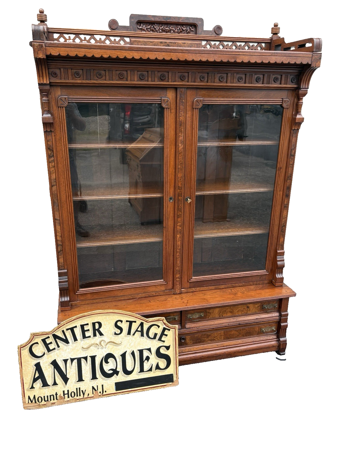 67027 Antique Walnut Victorian Bookcase Curio Cabinet