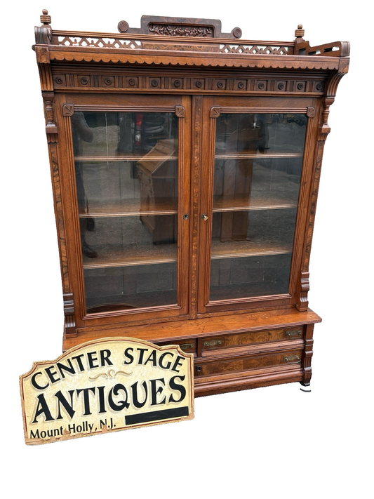 67027 Antique Walnut Victorian Bookcase Curio Cabinet