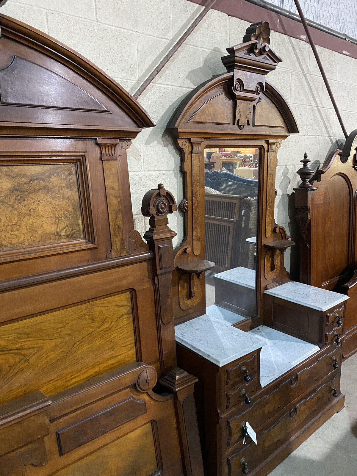 63933   Antique Victorian Walnut  2 pc Marble Top Bedroom Set Bed Dresser w/ Mir