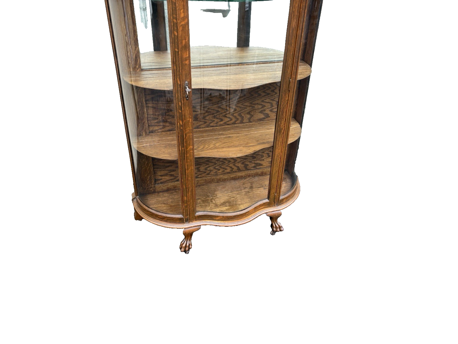 66717 Antique Victorian Oak Bow Glass Curio Cabinet + Serpentine Glass Door