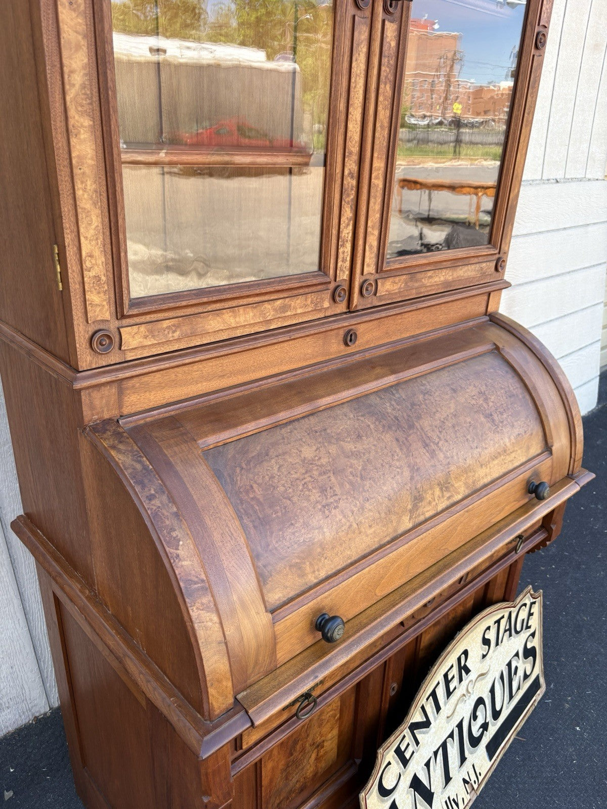 66644 Antique Victorian Walnut Cylinder Desk with Bookcase Top