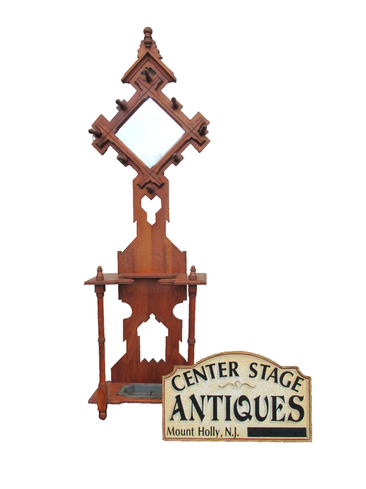64076   Antique Victorian Walnut Hall Mirror Hat Rack Hall Mirror Umbrella Stand