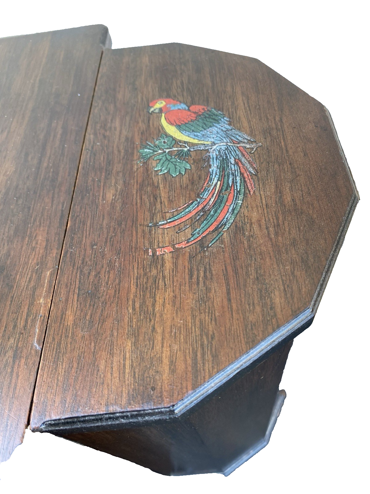 66476 Antique Mahogany Sewing Stand Hand Painted Parrot and Ship Designs