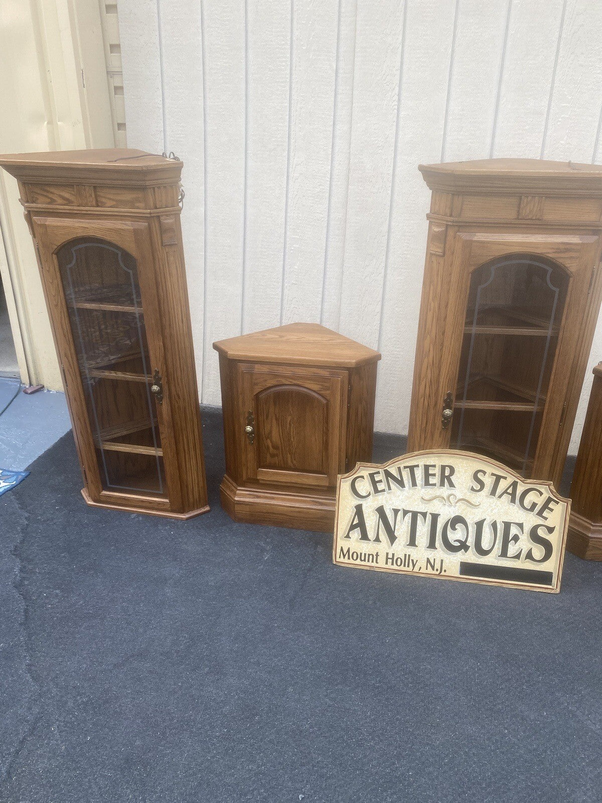 64573 PAIR   Oak Corner Cabinet Curio s With 3 wood and glass shelves each