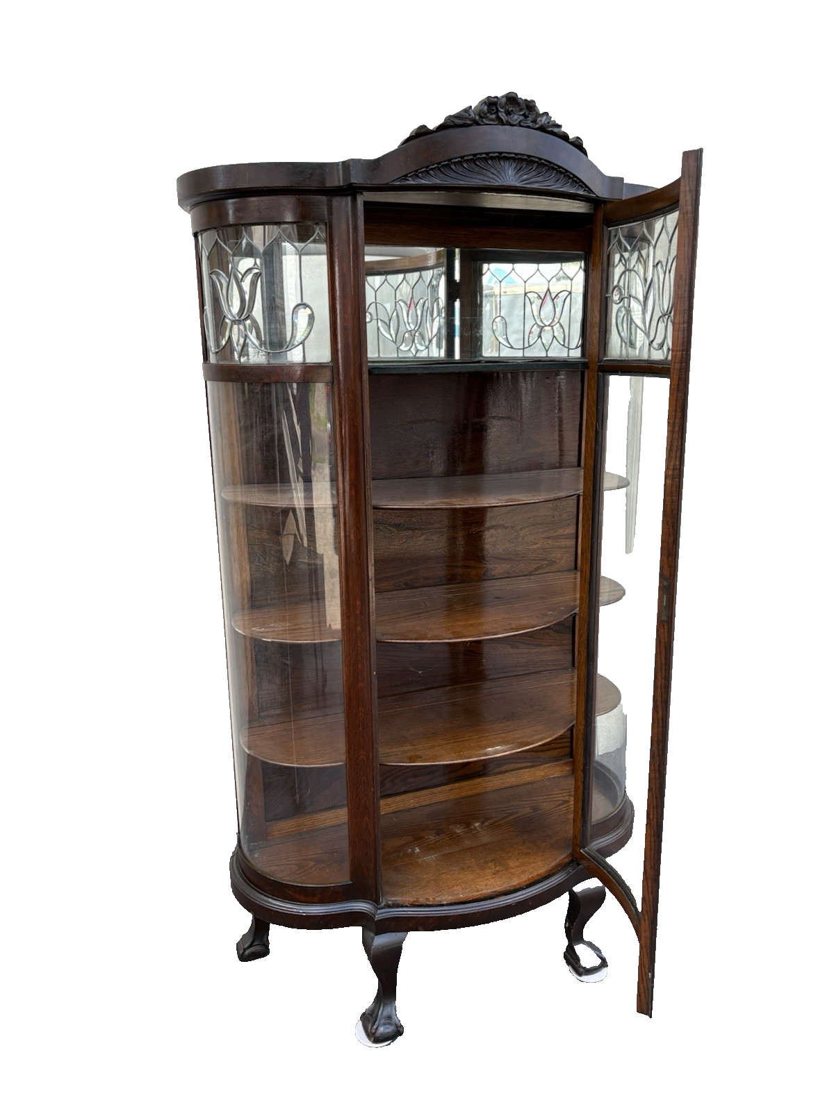 66903   Antique Victorian Oak Leaded Glass Bow Glass Curio China Cabinet