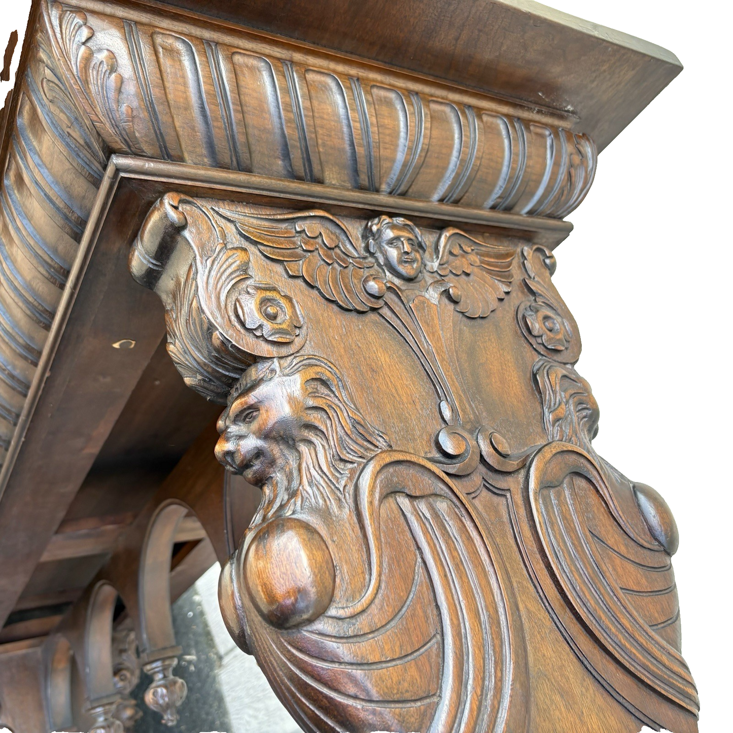 65236   Antique Solid Mahogany Hand Carved Figural Gryphon  Sofa Table Sideboard