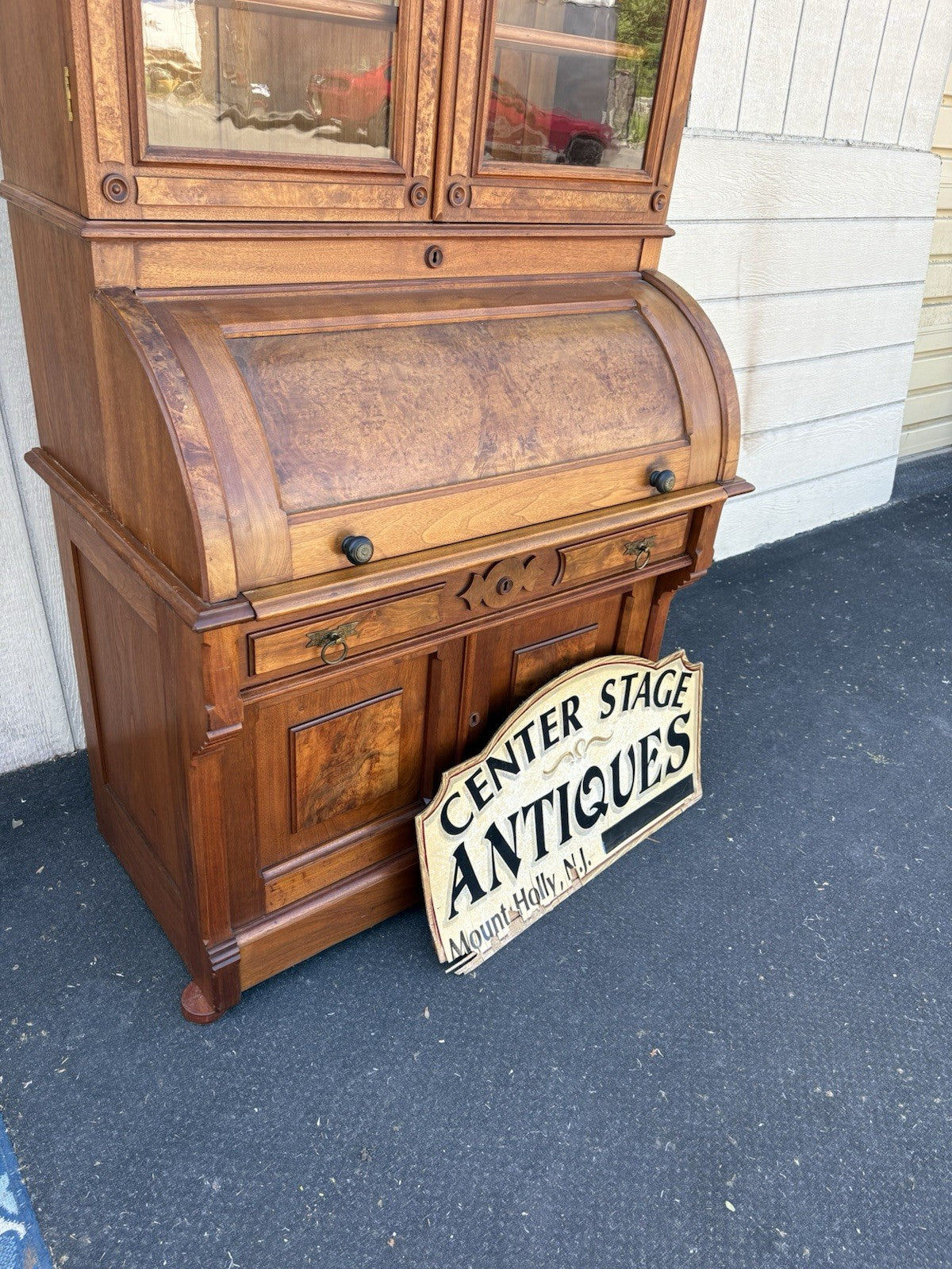 66644 Antique Victorian Walnut Cylinder Desk with Bookcase Top
