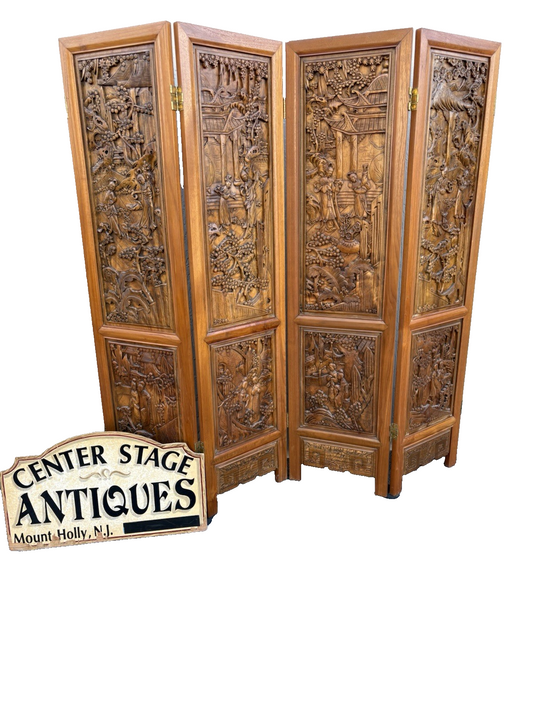 67013 Custom Hand Carved 4 Section Room Divider Screen