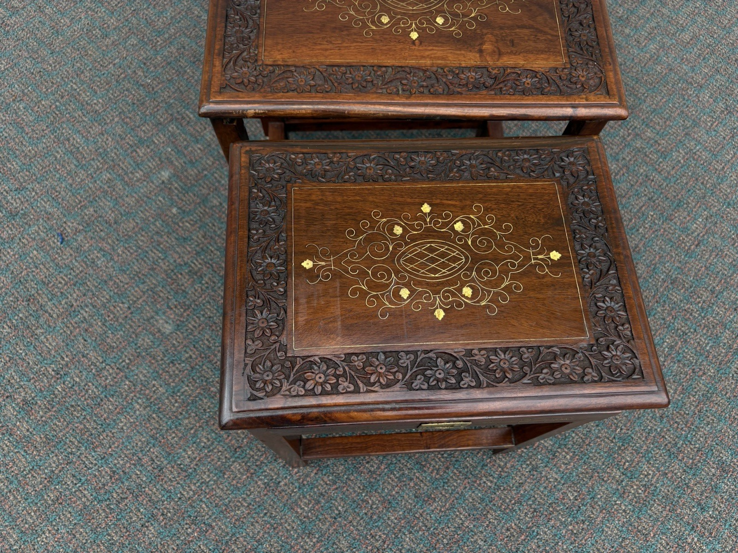 67039 Solid Mahogany Brass Inlaid Set of 4 Oriental Stacking Lamp  Table s