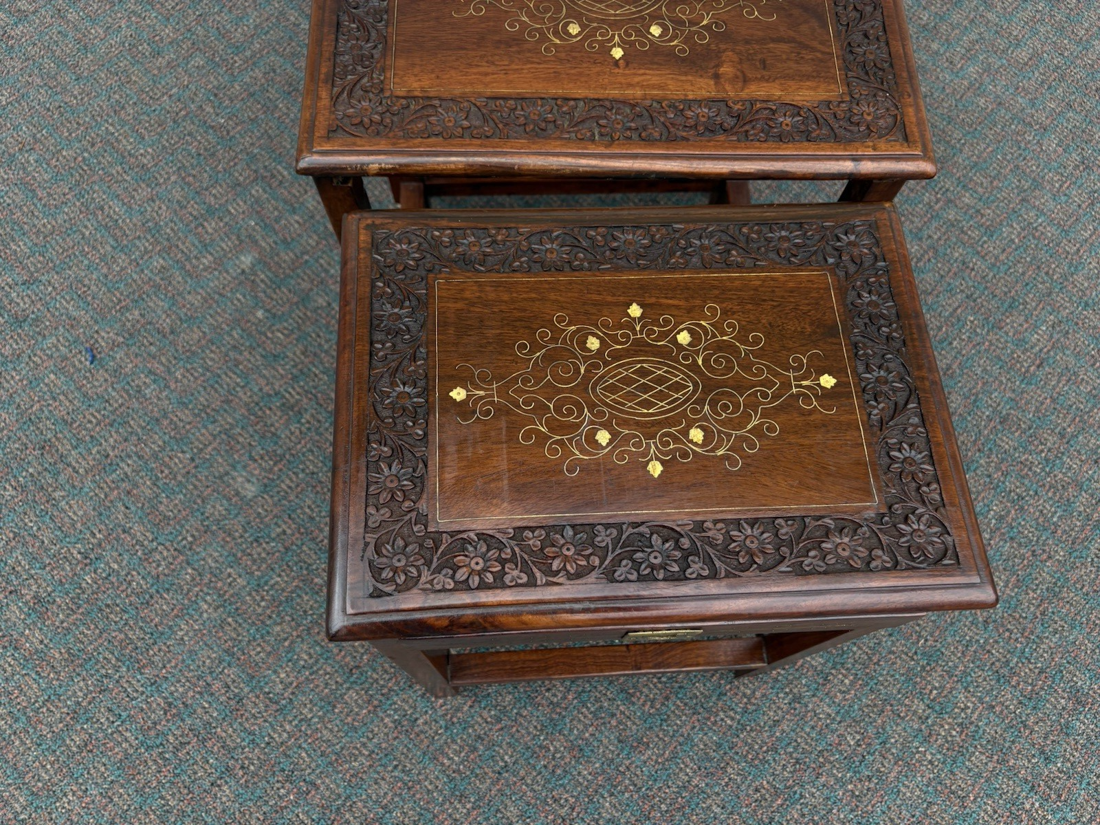 67039 Solid Mahogany Brass Inlaid Set of 4 Oriental Stacking Lamp  Table s