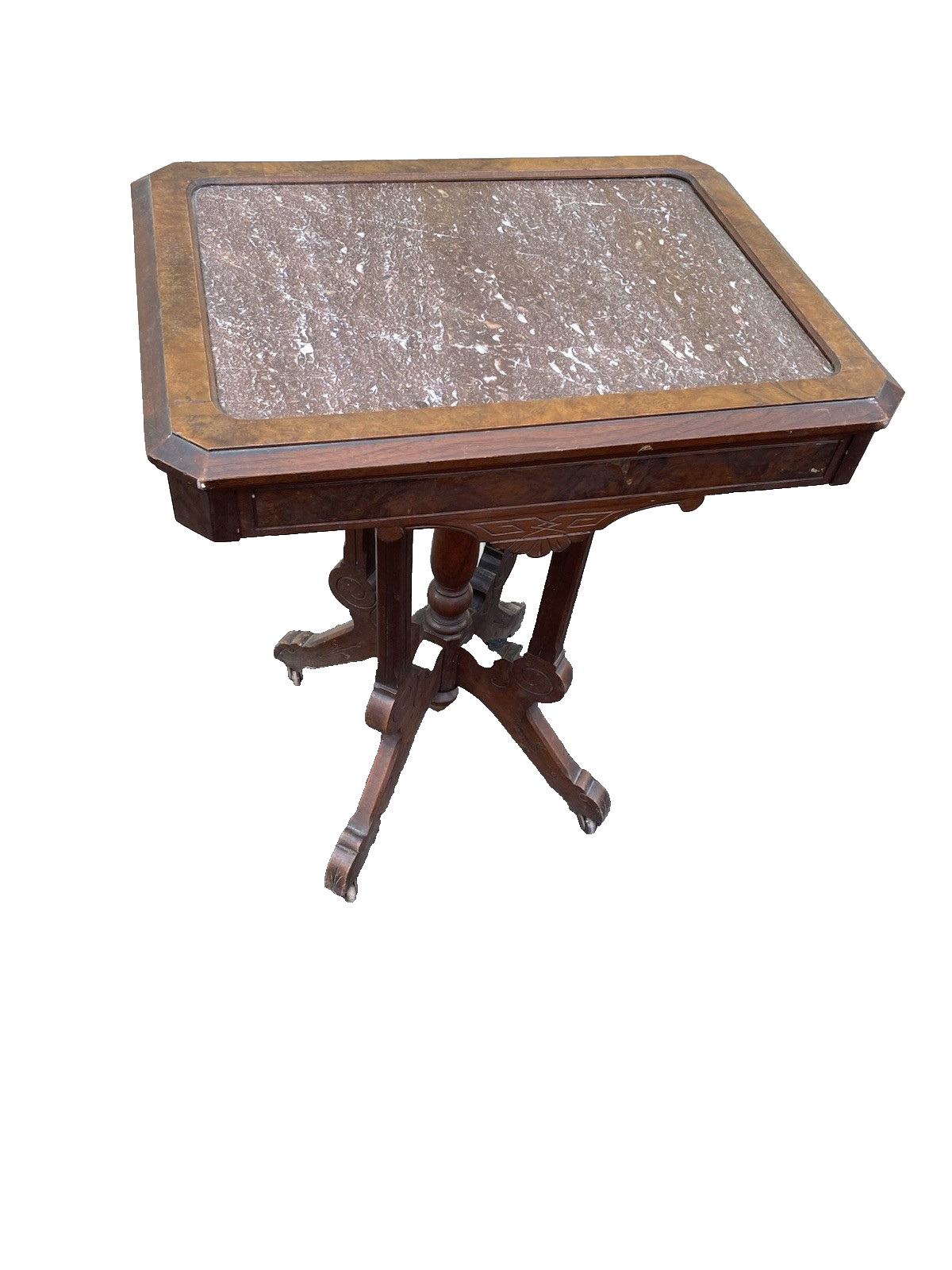 66591  Antique Victorian Marble Top Walnut Lamp Table Stand