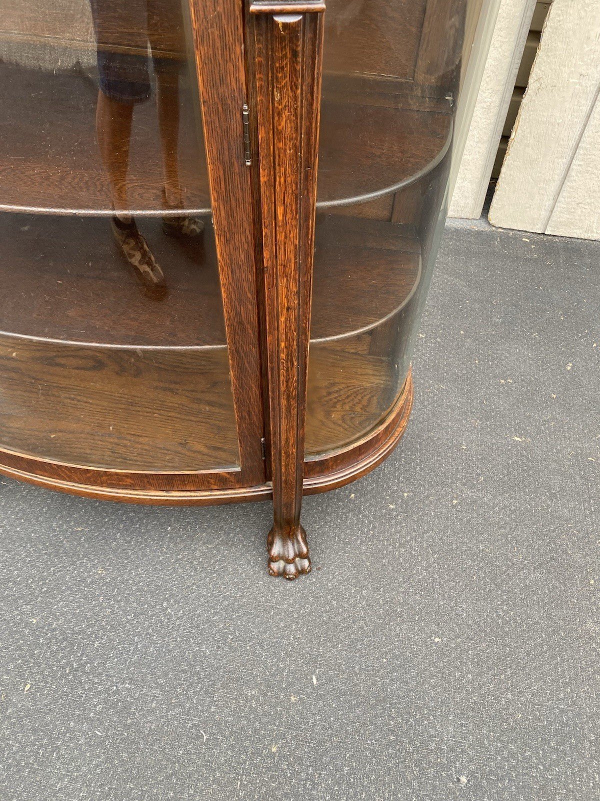 63537 Antique Victorian Oak Hand Carved Bow Glass Lion Head Curio China Cabinet