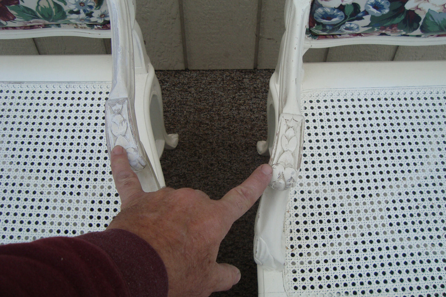 60612 PAIR of Romantic Shabby BERGERE Floral Armchairs with Factory White Finish