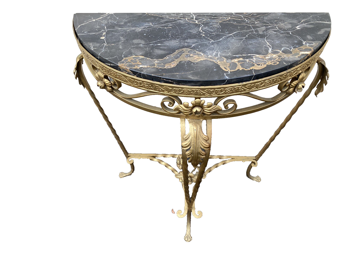 65634    Marble Top Decorator Iron Demilune Console Table Stand