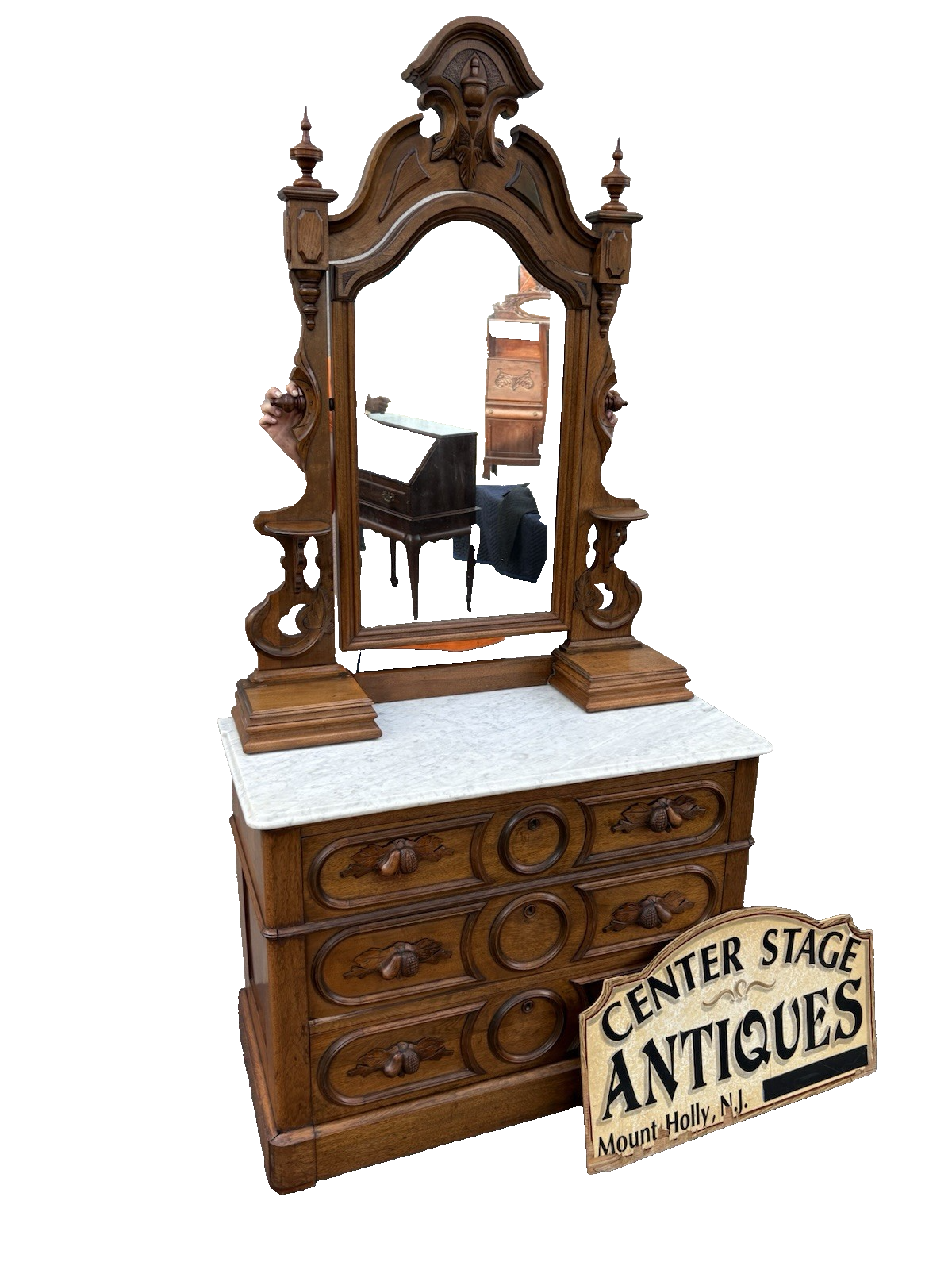 66668    RARE  Antique Victorian Oak Marble Top Dresser with Mirror