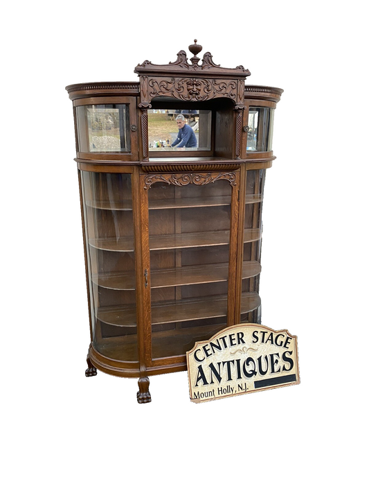66071   Antique Victorian Hand Carved Oak Bow Glass Curio Cabinet