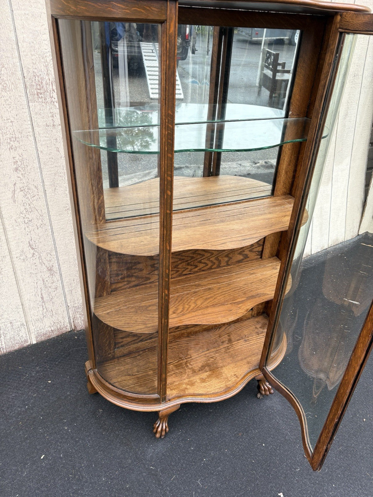 66717 Antique Victorian Oak Bow Glass Curio Cabinet + Serpentine Glass Door