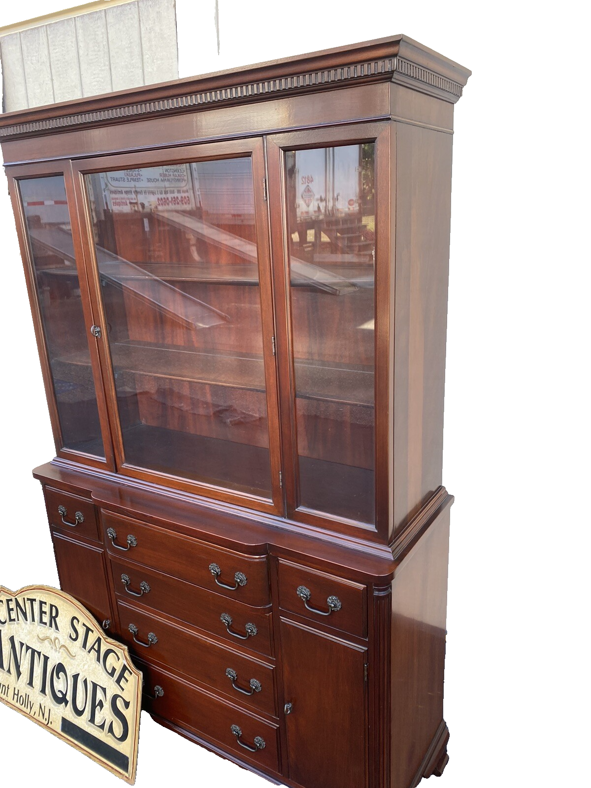 66021  Antique Solid Mahogany Breakfront China Cabinet