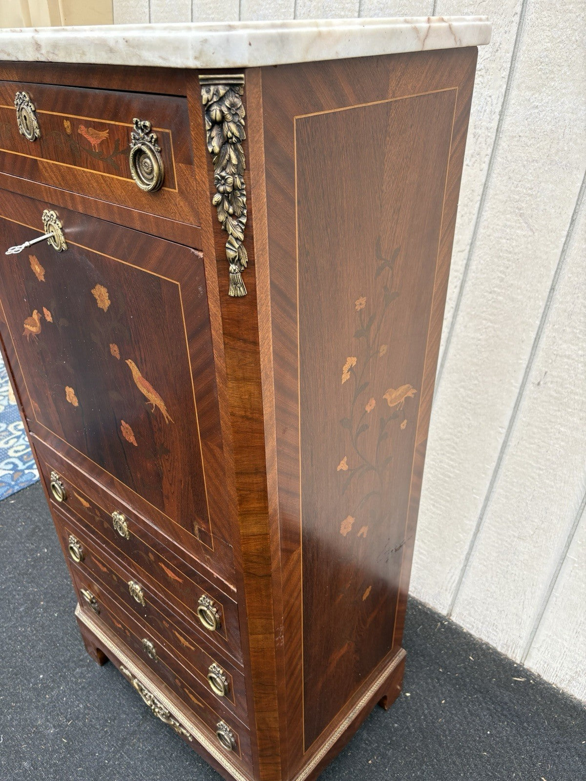 66581   Inlaid Marble Top  Louis XV Slant Front Desk Cabinet