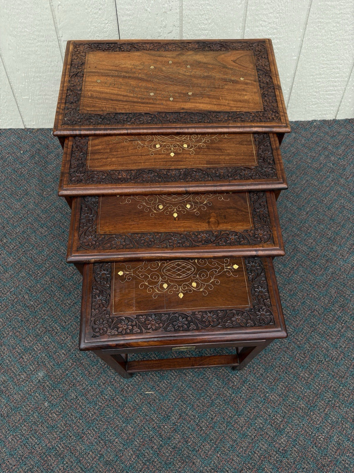 67039 Solid Mahogany Brass Inlaid Set of 4 Oriental Stacking Lamp  Table s