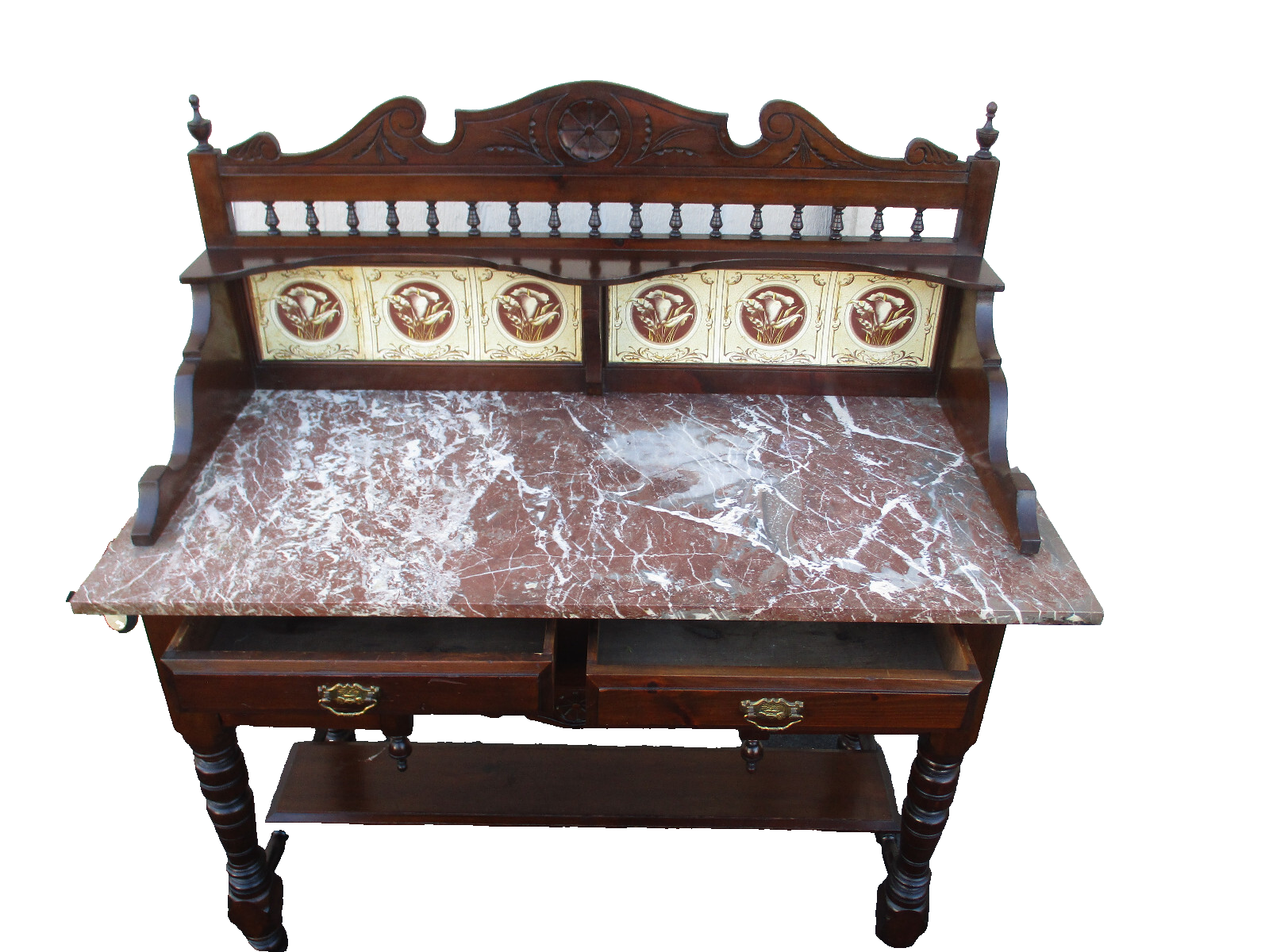 64037  Antique Victorian Marble Top Tile Back Washstand Chest Dresser