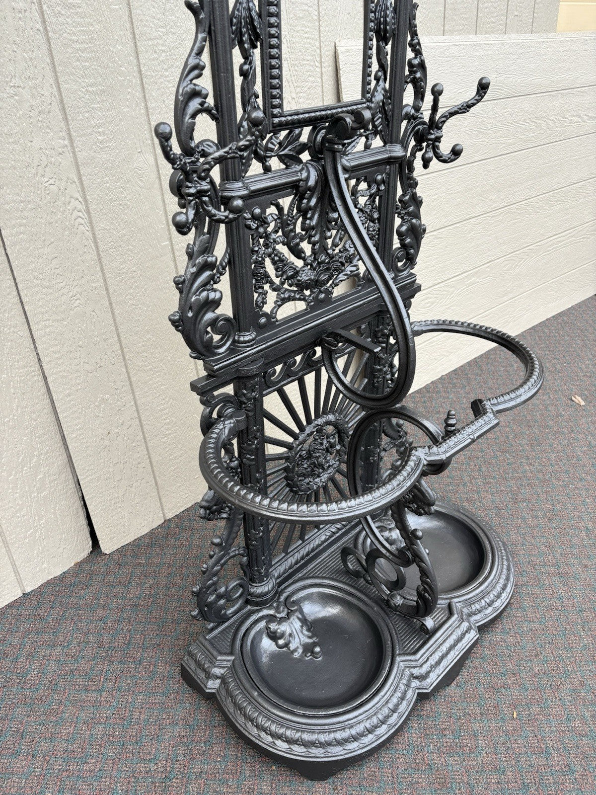 67160 Antique Victorian Cast Iron Hat Rack Halltree with Mirror Cherub and lion