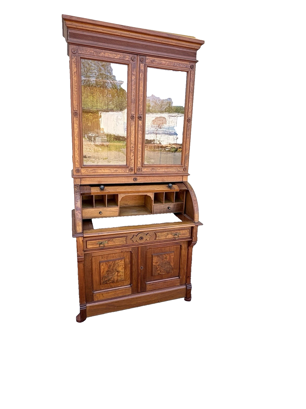 66644 Antique Victorian Walnut Cylinder Desk with Bookcase Top