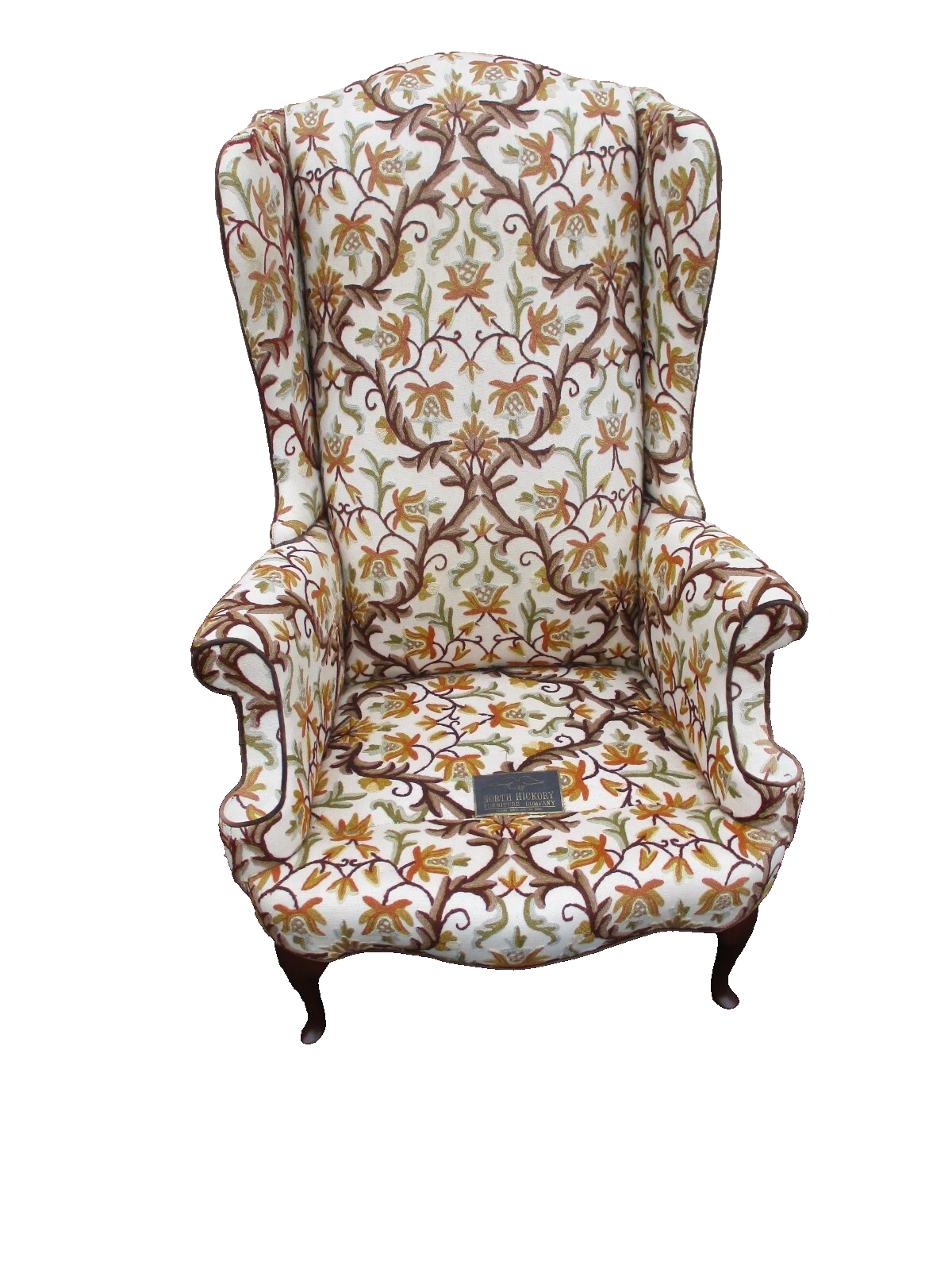 64184   Pair HICKORY  Furniture Crewel Embroidered Queen Anne Wing Chair s
