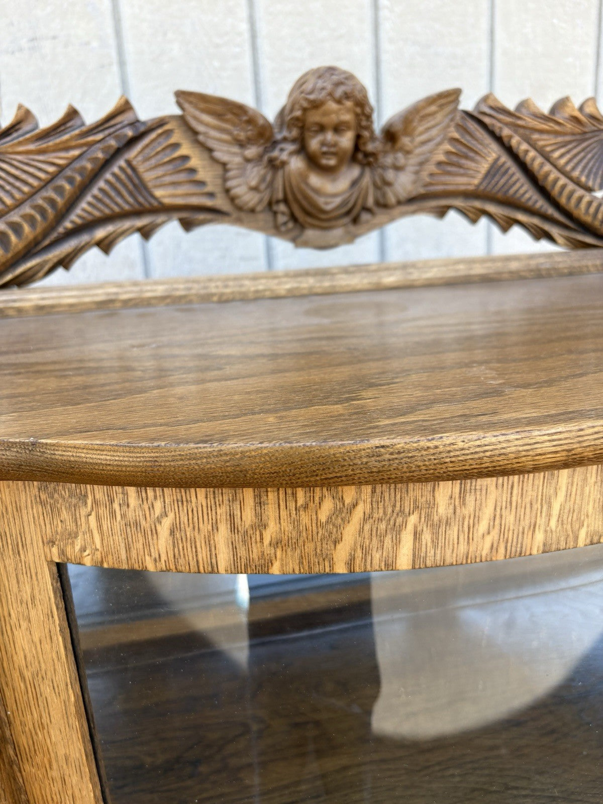 66656   Antique Victorian  Bow Glass Curio Cabinet with Angel Cherub Backsplash