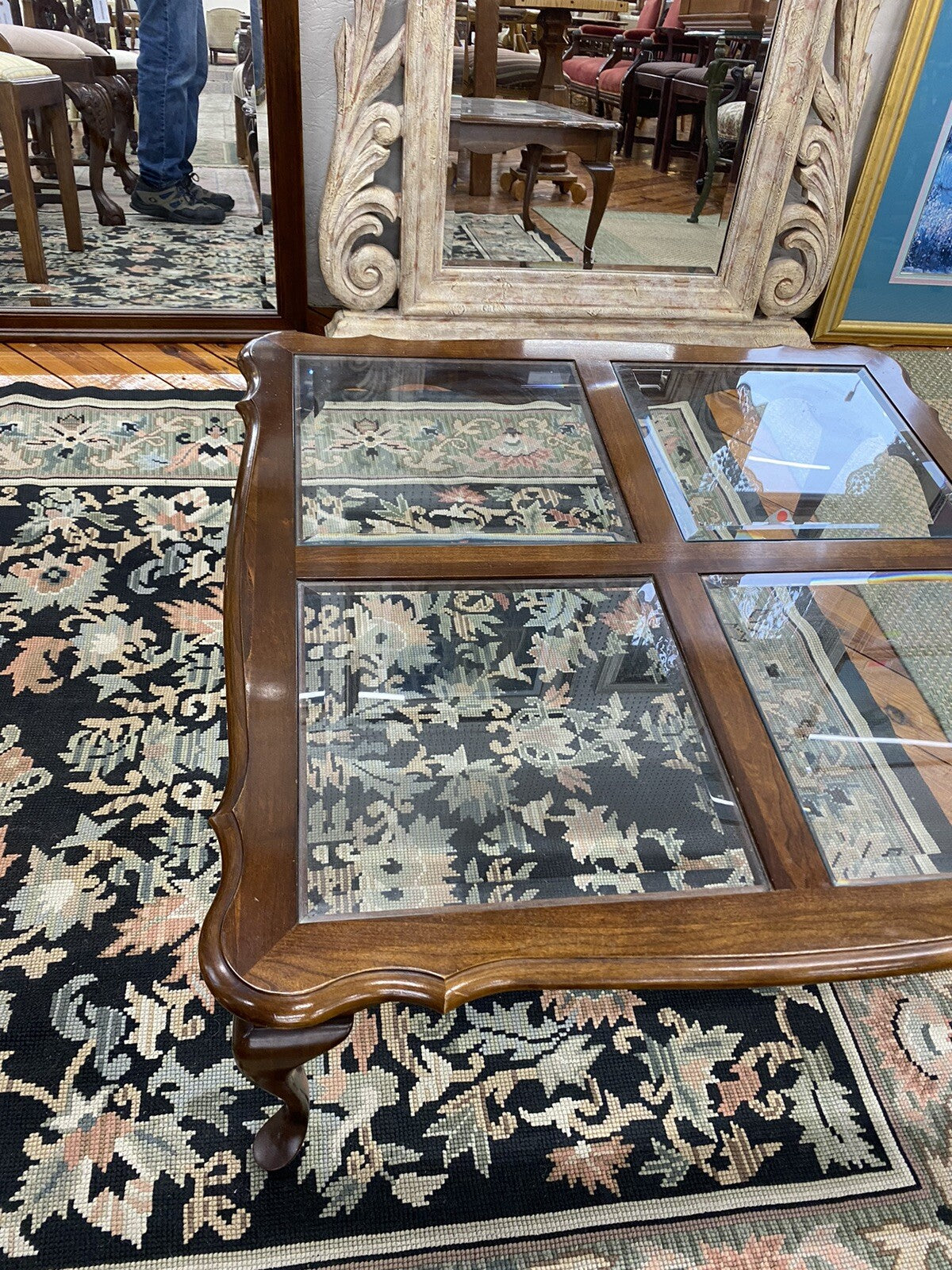 62020 Solid Cherry Glass Top Queen Anne Coffee Table