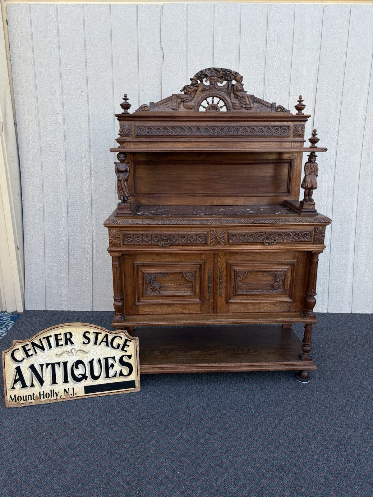 67011 Antique French Marble Top Buffet Sideboard Cabinet