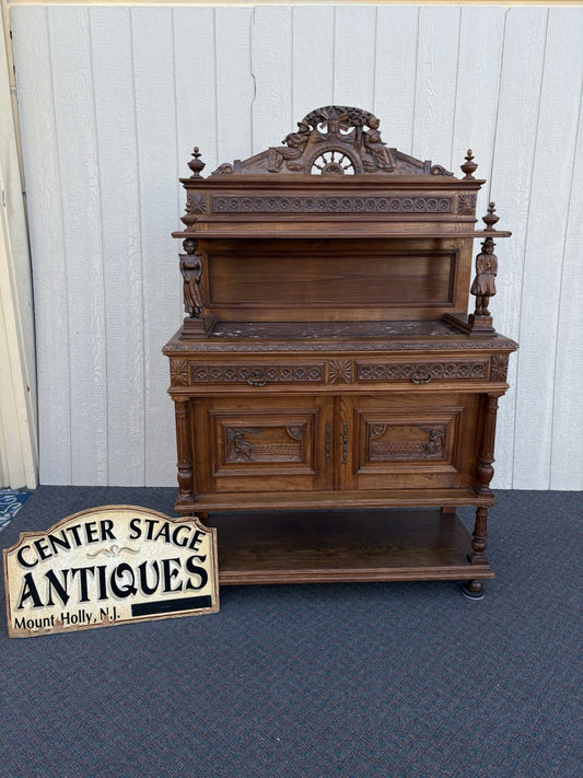 67011 Antique French Marble Top Buffet Sideboard Cabinet
