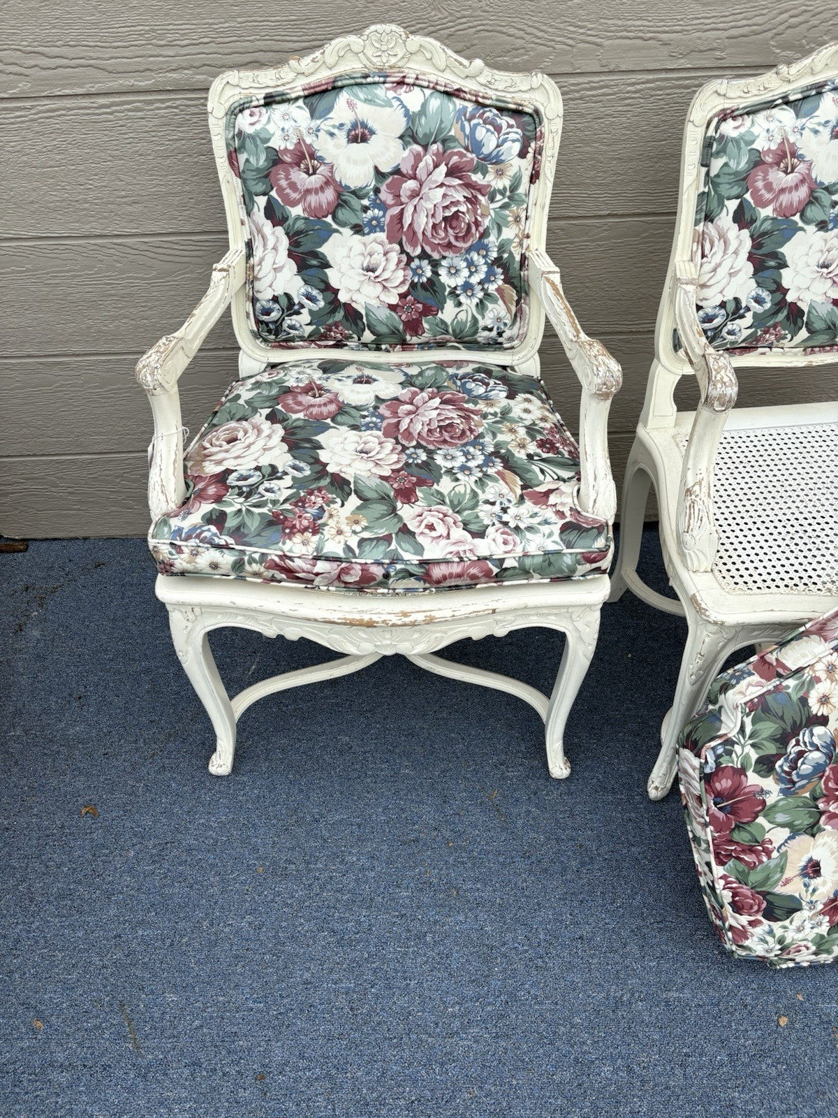 60612 PAIR of Romantic Shabby BERGERE Floral Armchairs with Factory White Finish