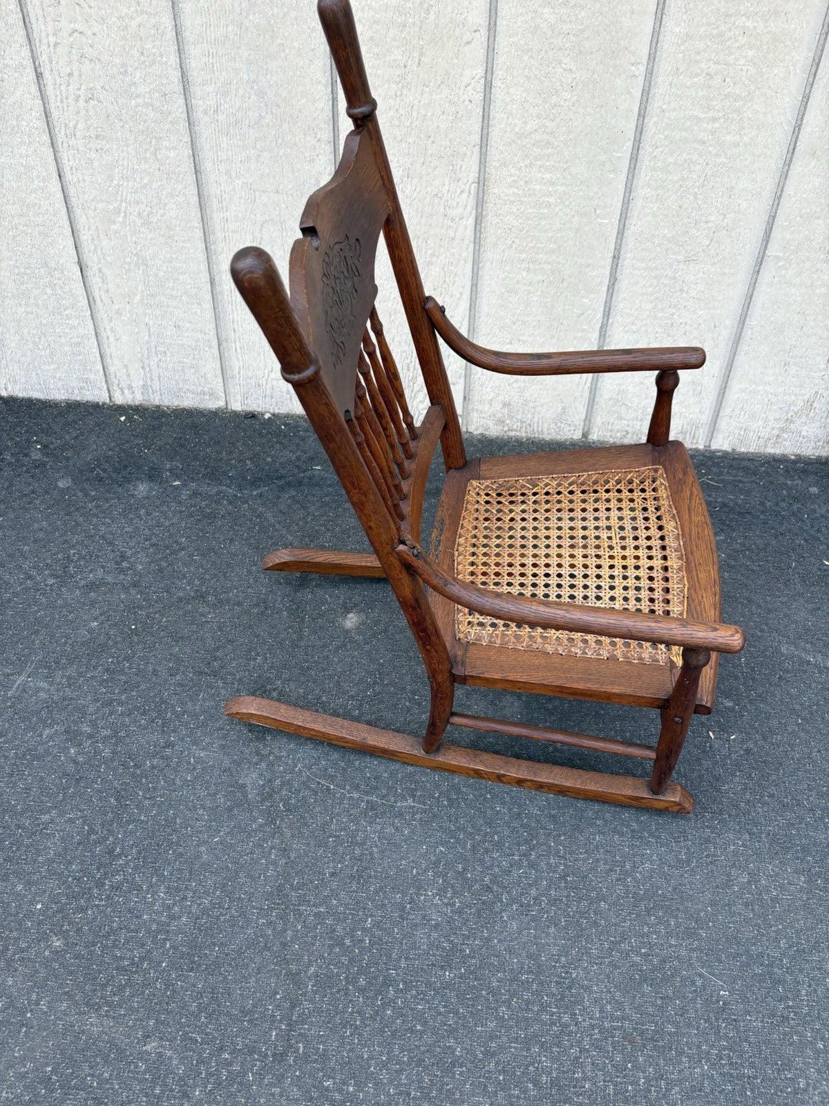 66795   Antique Childs  Victorian Oak Pressed Back Rocker Rocking chair