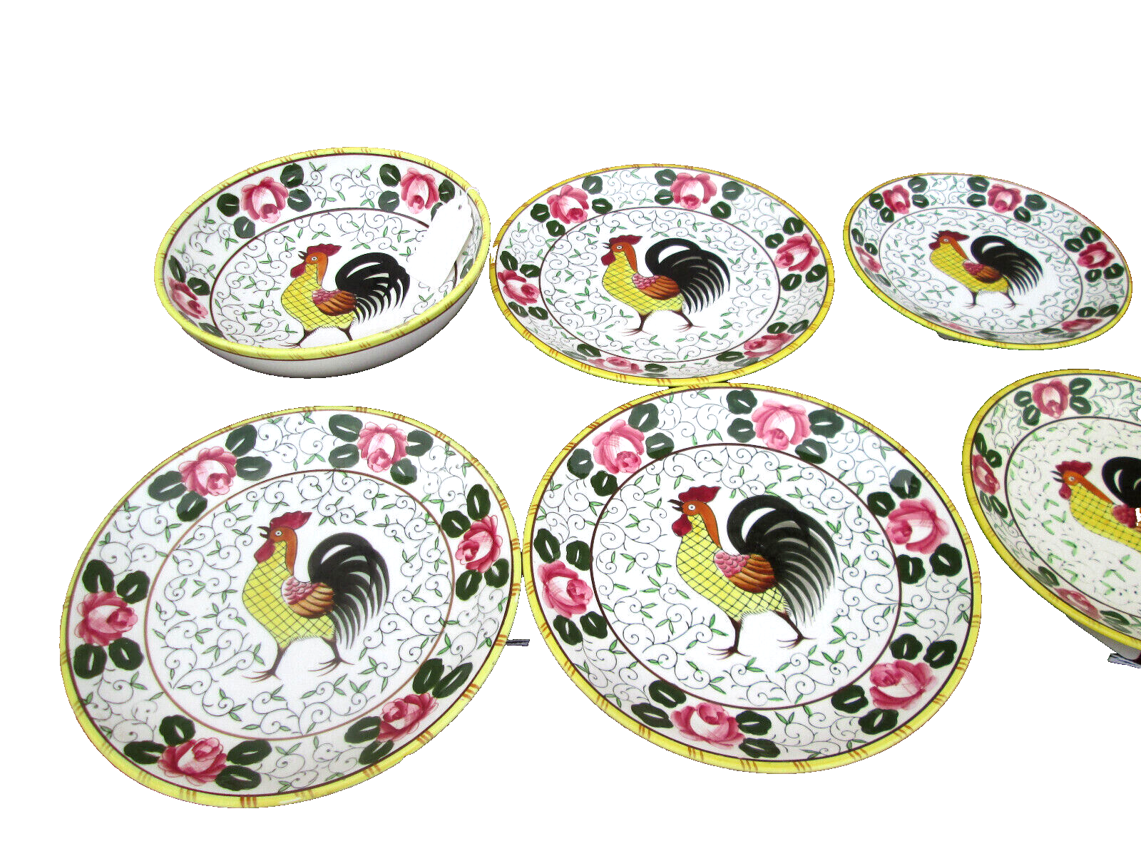 COLSW:  ROOSTER & ROSES PY  29 pieces Plates Bowls Salt Box Cup + Saucers