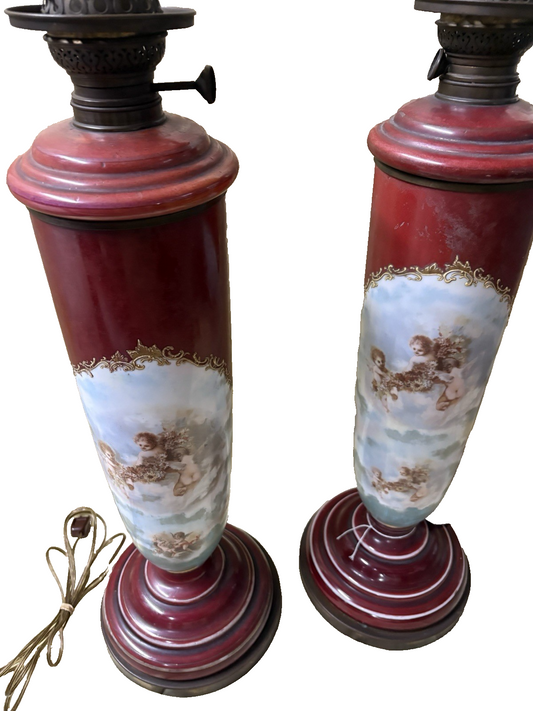 65041 Pair Antique Porcelaine Table Lamps with Cherubs
