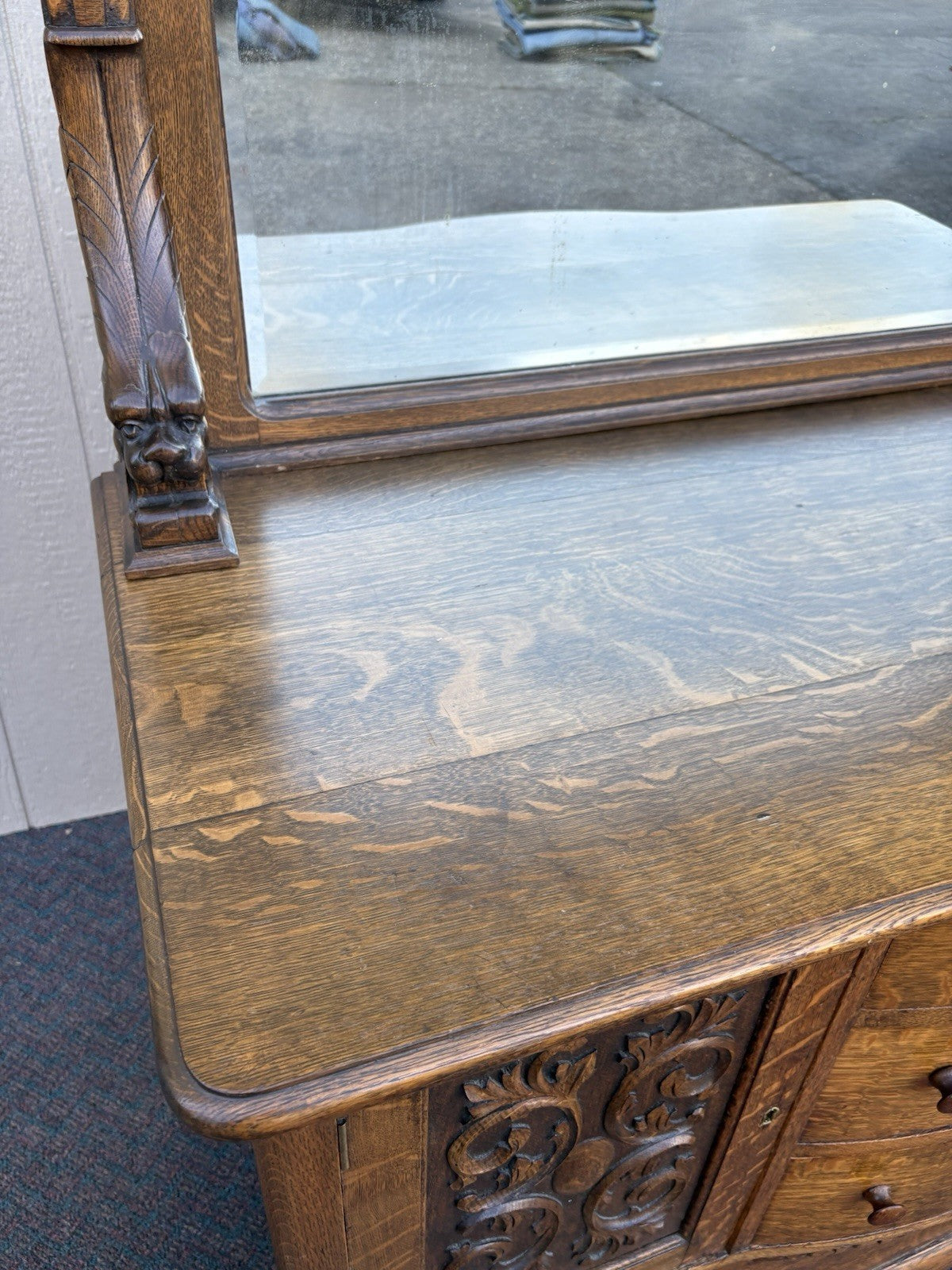 67012 Antique Victorian Oak Lion Head Buffet Sideboard Cabinet