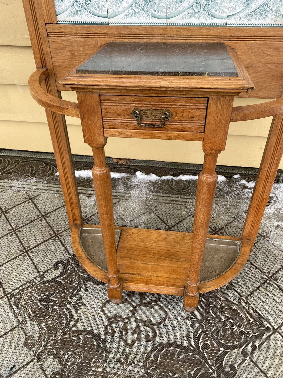 64527 Antique Victorian Oak Stick and Ball Hatrack Hall Seat with Mirror