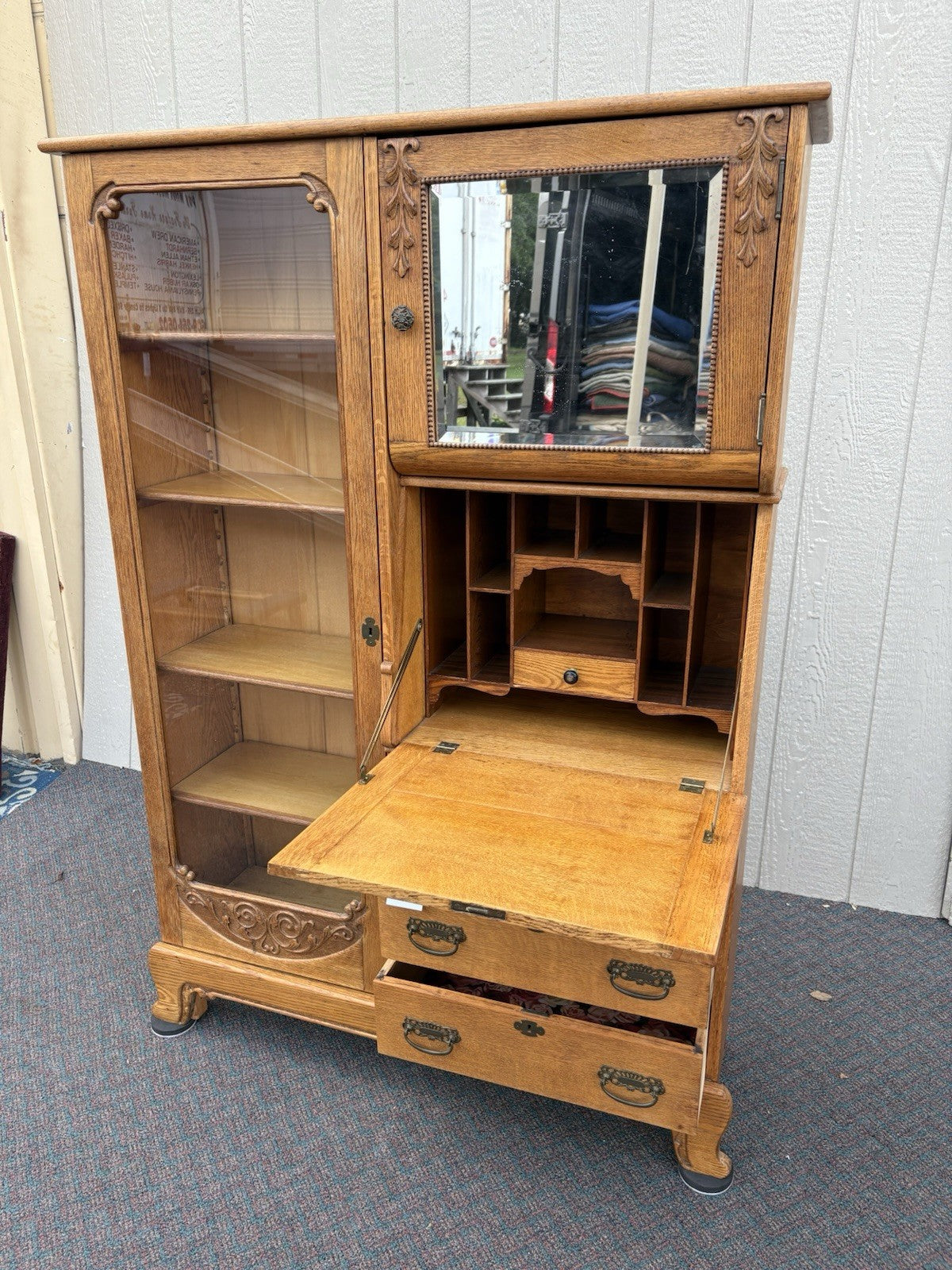 66904   Antique Victorian Oak Side By Side Bookcase Desk
