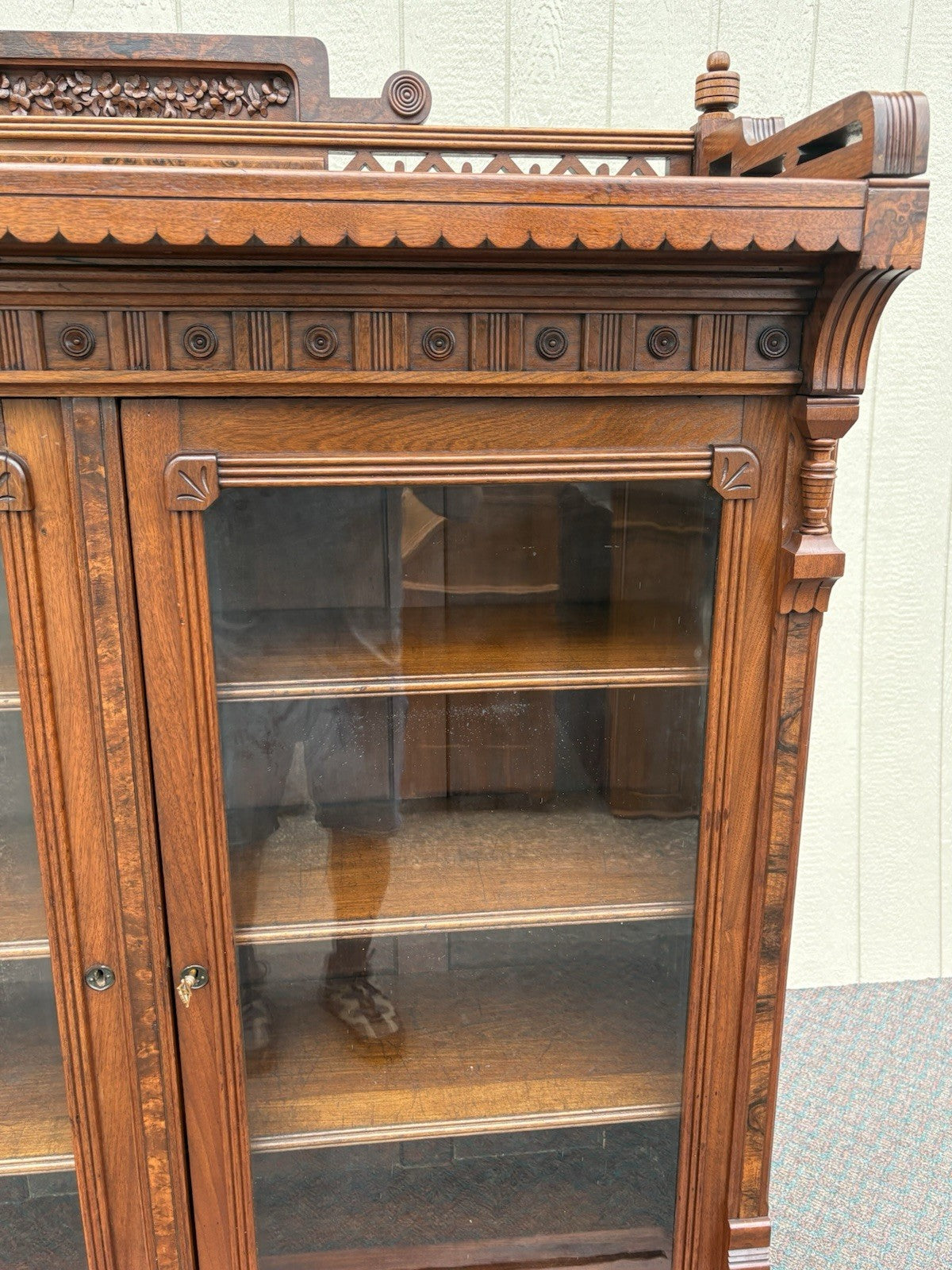 67027 Antique Walnut Victorian Bookcase Curio Cabinet