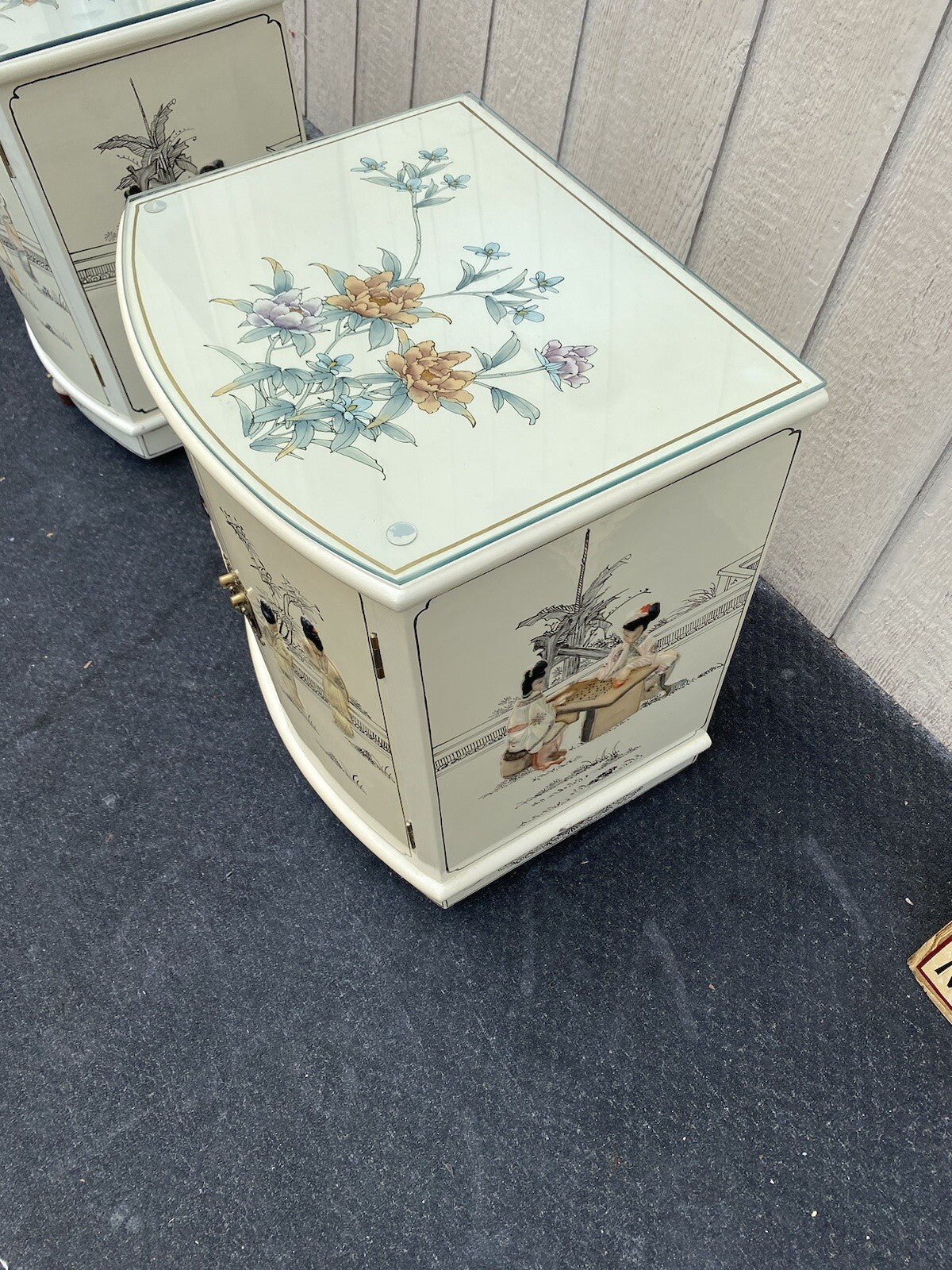 64600 PAIR  Bow Front Decorated Oriental Nightstands End Table s