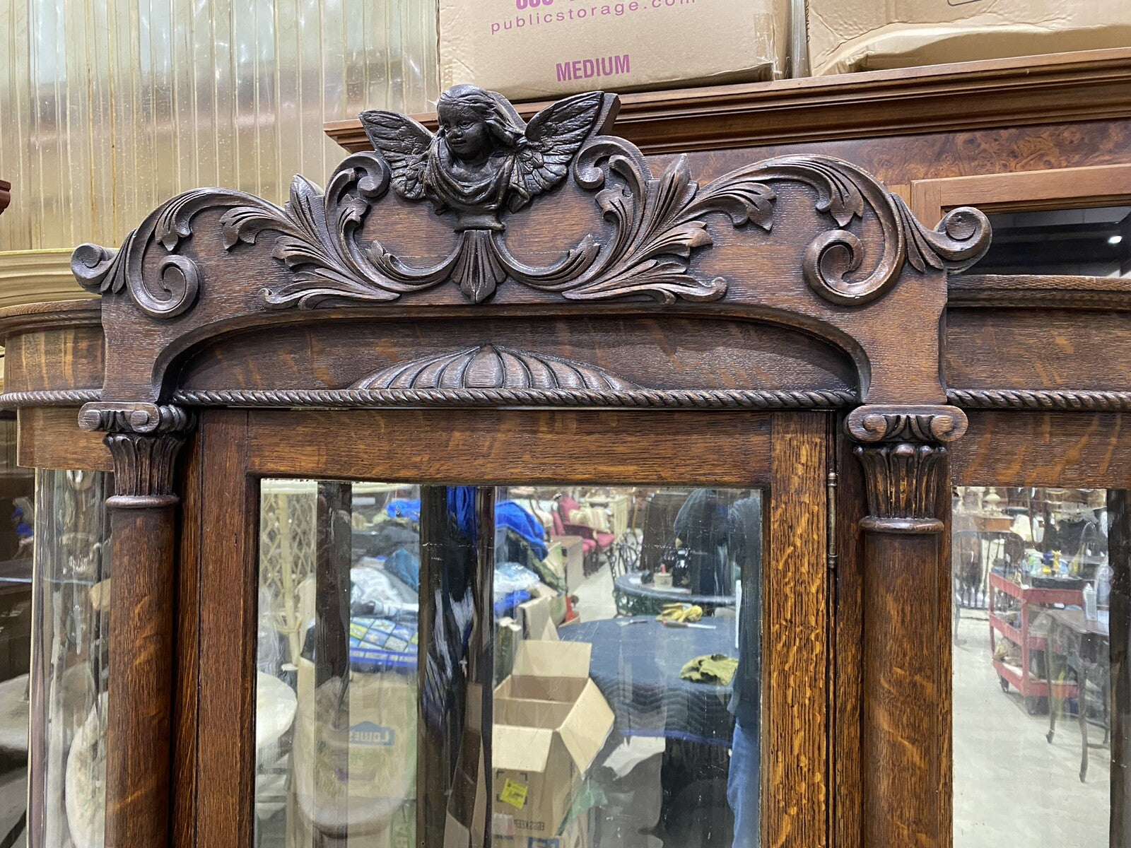 66153   RARE Custom Hand Made  Antique Victorian Oak  Cherub Curio Cabinet